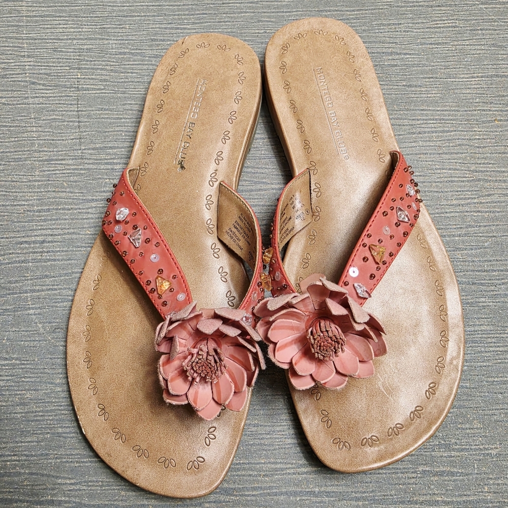Montego Bay Club Women's Thong Sandals Flower Rhinestone Flip Flops Size 8